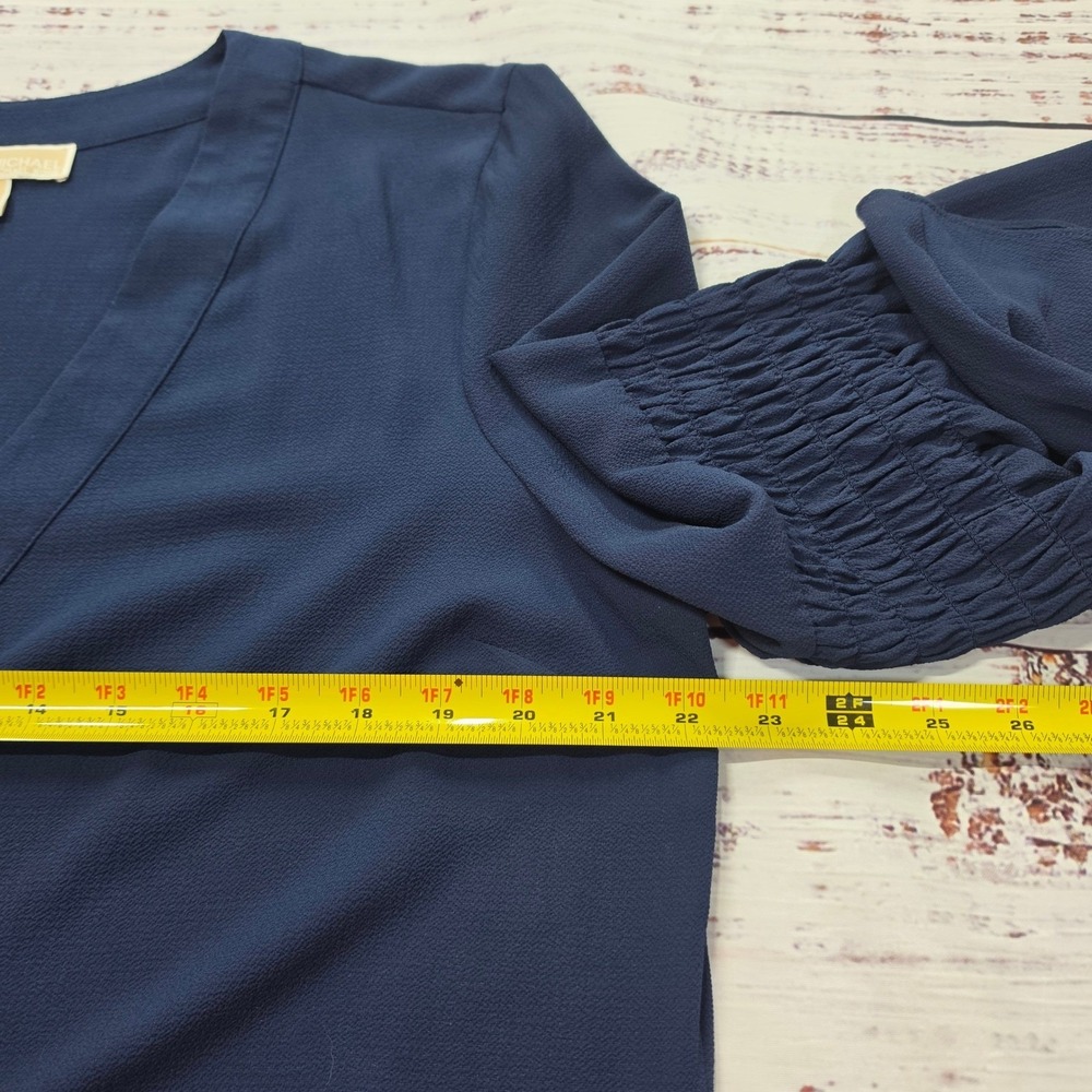 Michael Kors V Neck Blouse Women XL Navy Blue Excellent Smocked Bell Sleeve - Picture 9 of 10